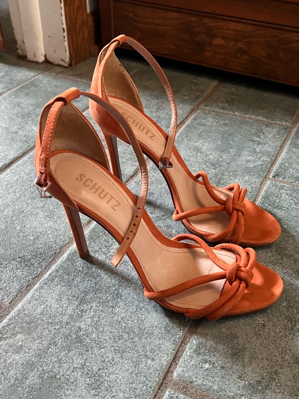 SCHUTZ Orange Knotted Ankle-Strap Stiletto Sandals - Picture 2 of 5